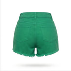 Vista traseira short jeans colorido feminino brasil verde amarelo — fit regular caimento Copa 2026 VAI DAR BRASIL