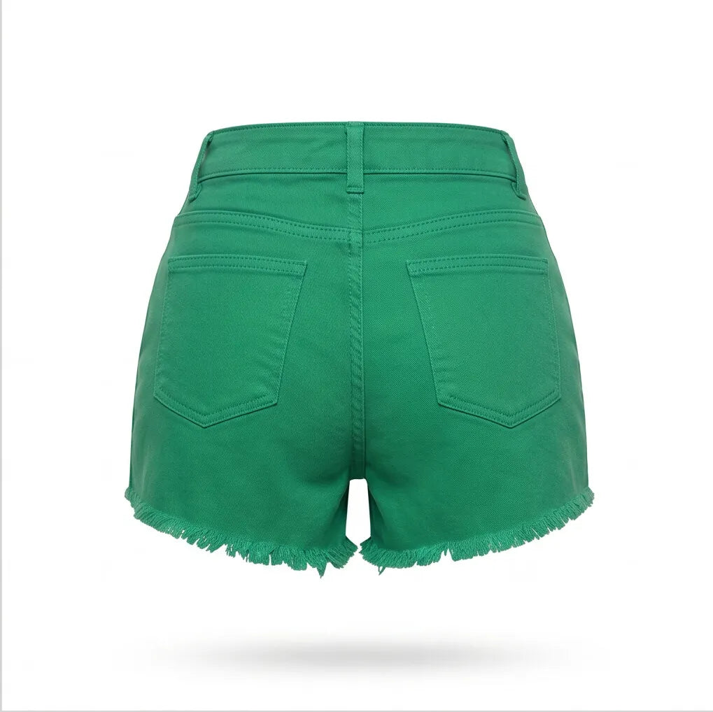 Vista traseira short jeans colorido feminino brasil verde amarelo — fit regular caimento Copa 2026 VAI DAR BRASIL