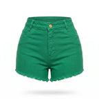 Short jeans colorido feminino brasil verde cores bandeira — vista frontal — VAI DAR BRASIL lançamento Copa 2026