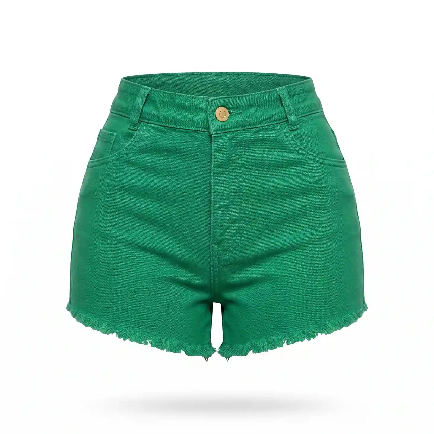 Short jeans colorido feminino brasil verde cores bandeira — vista frontal — VAI DAR BRASIL lançamento Copa 2026