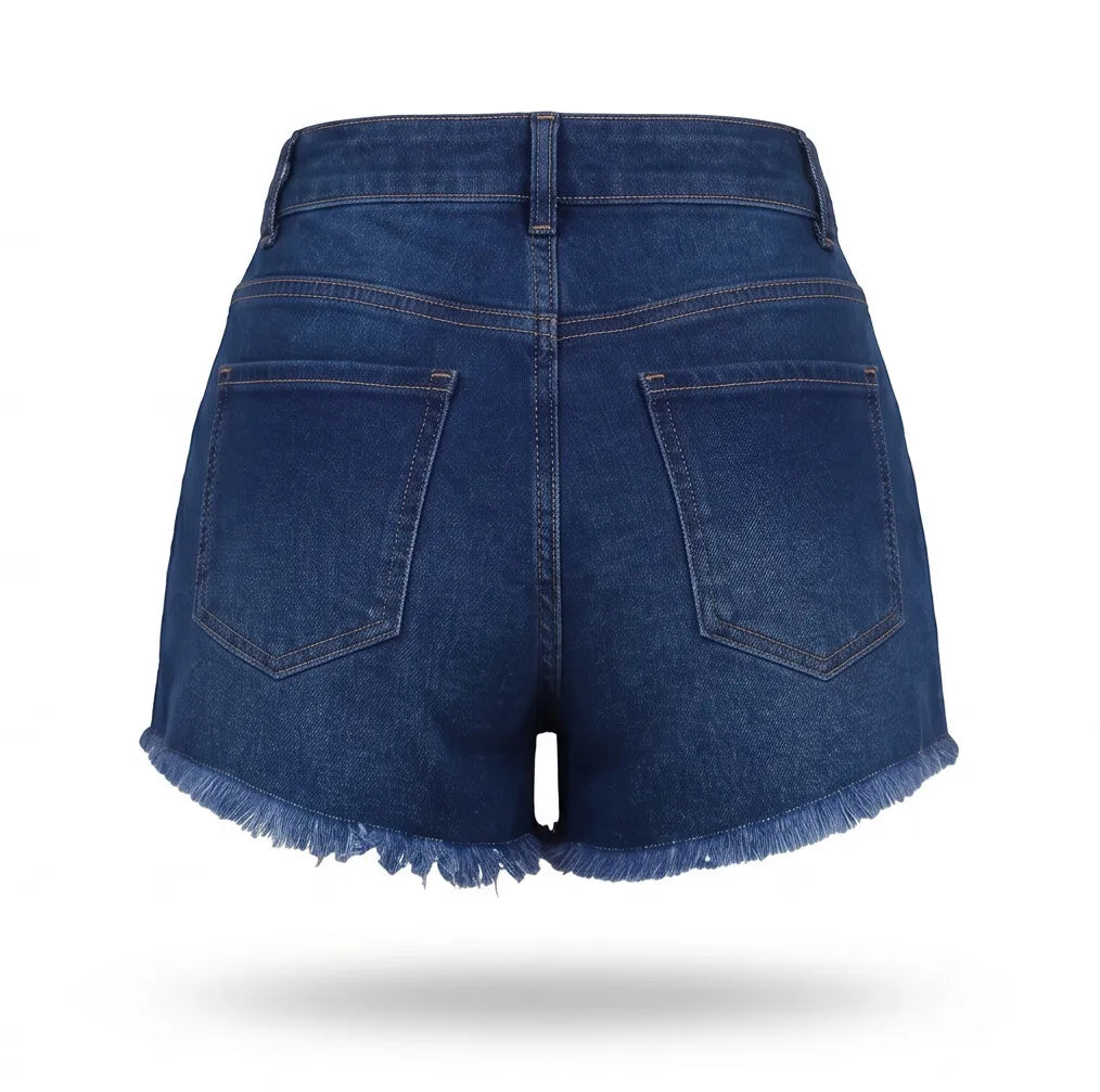 Vista traseira short jeans feminino brasil cintura alta desfiado — edição Copa 2026 VAI DAR BRASIL