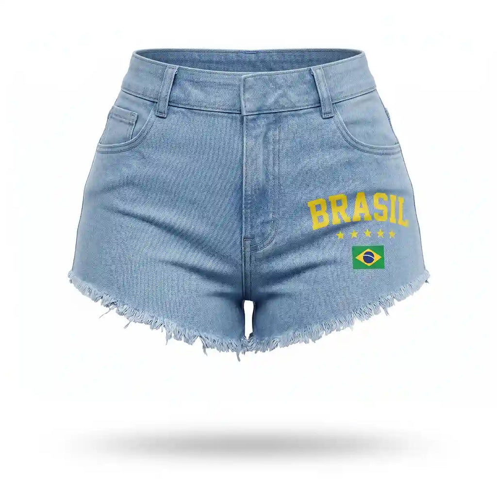 Short jeans feminino brasil cintura alta desfiado bandeira azul claro — vista frontal — VAI DAR BRASIL Copa 2026