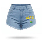 Short jeans feminino brasil cintura alta desfiado bandeira azul claro — vista frontal — VAI DAR BRASIL Copa 2026