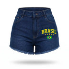 Short jeans feminino brasil cintura alta desfiado bandeira azul escuro — vista frontal — VAI DAR BRASIL Copa 2026