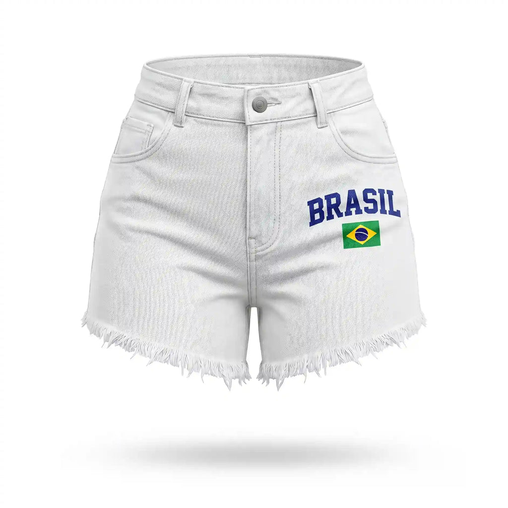 Short jeans feminino brasil cintura alta desfiado bandeira branco — vista frontal — VAI DAR BRASIL Copa 2026