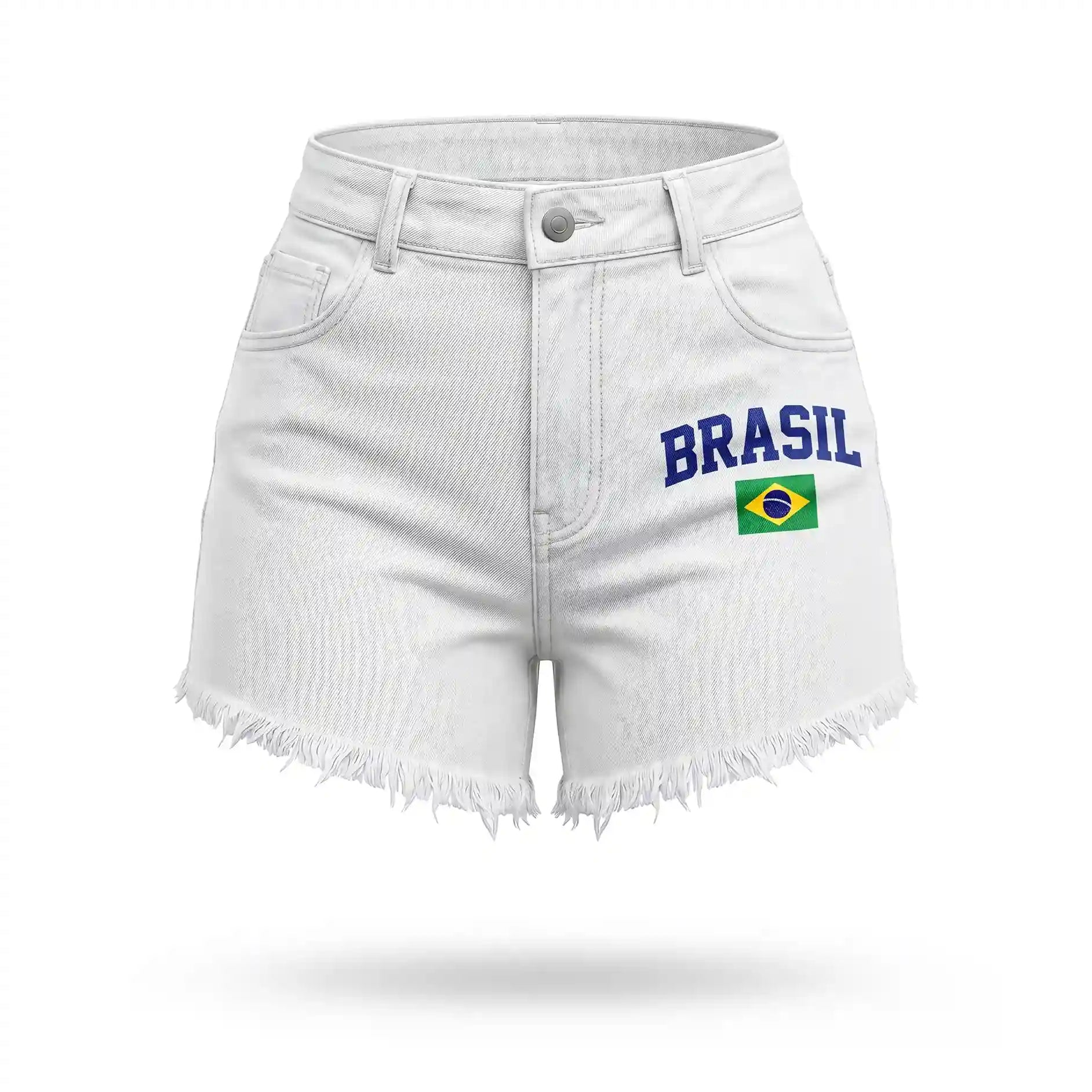 Short jeans feminino brasil cintura alta desfiado bandeira branco — vista frontal — VAI DAR BRASIL Copa 2026