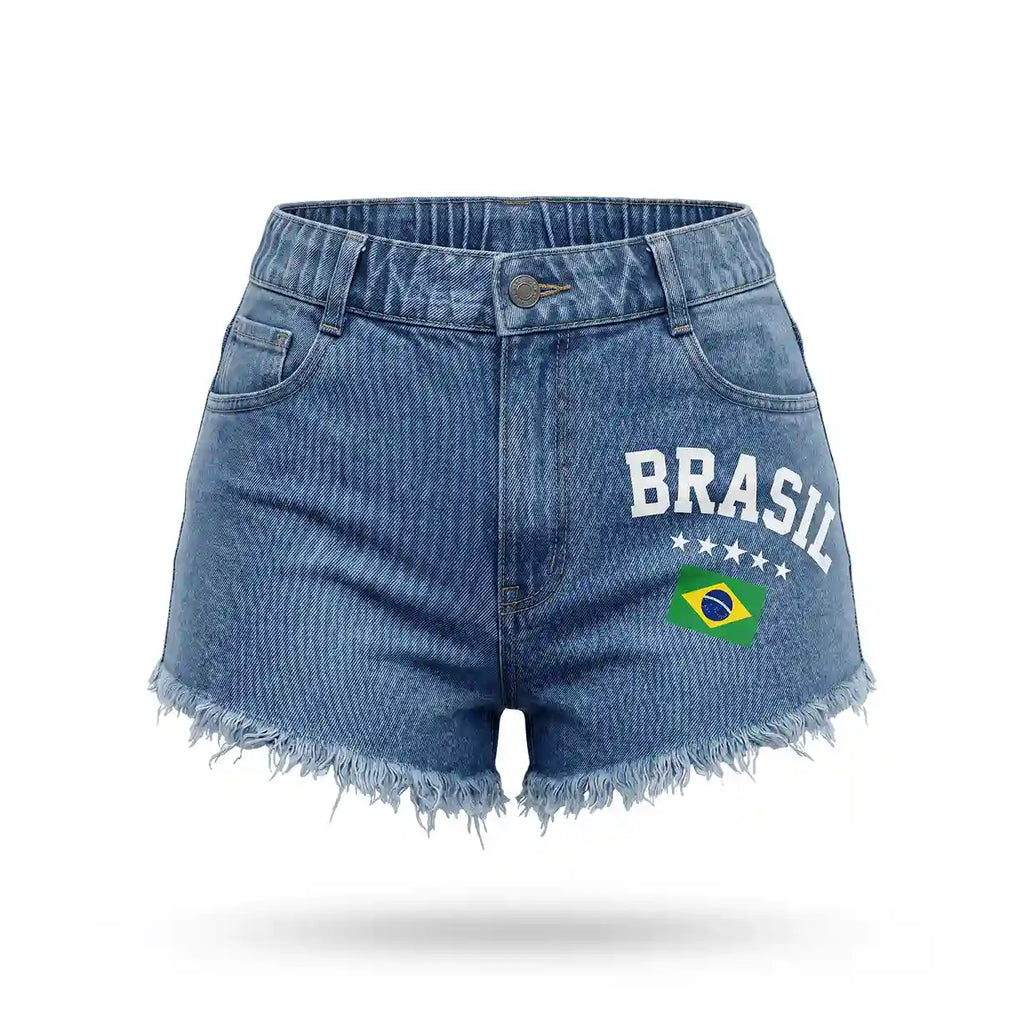 Short jeans feminino brasil cintura alta desfiado bandeira marmore — vista frontal — VAI DAR BRASIL Copa 2026