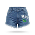 Short jeans feminino brasil cintura alta desfiado bandeira marmore — vista frontal — VAI DAR BRASIL Copa 2026