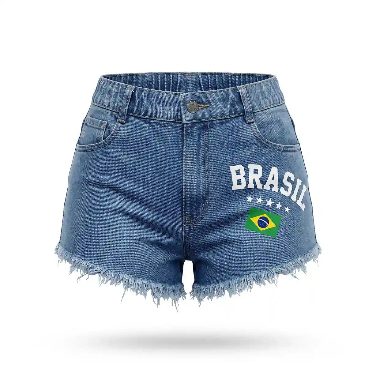 Short jeans feminino brasil cintura alta desfiado bandeira marmore — vista frontal — VAI DAR BRASIL Copa 2026