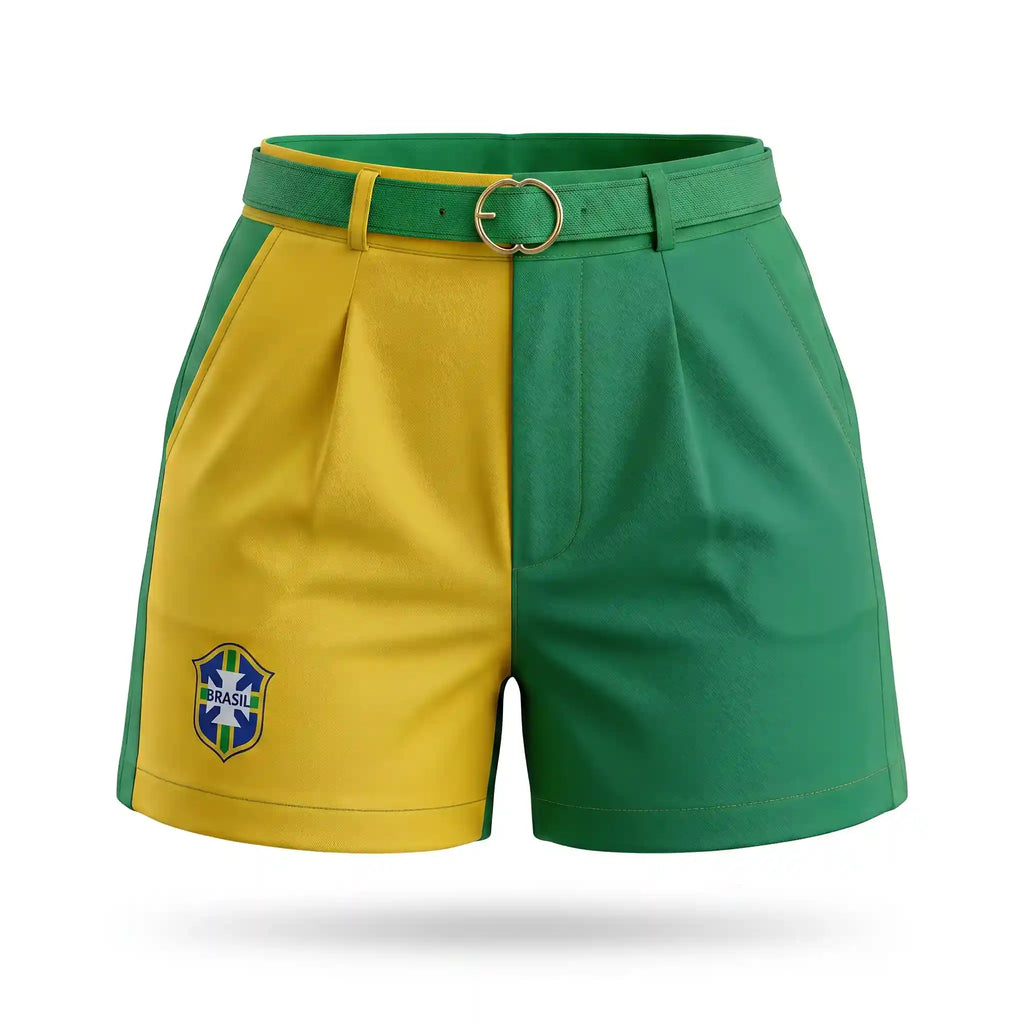 Short social feminino brasil brasão fivela dourada alfaiataria amarelo — vista frontal — VAI DAR BRASIL Copa 2026