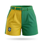 Short social feminino brasil brasão fivela dourada alfaiataria amarelo — vista frontal — VAI DAR BRASIL Copa 2026