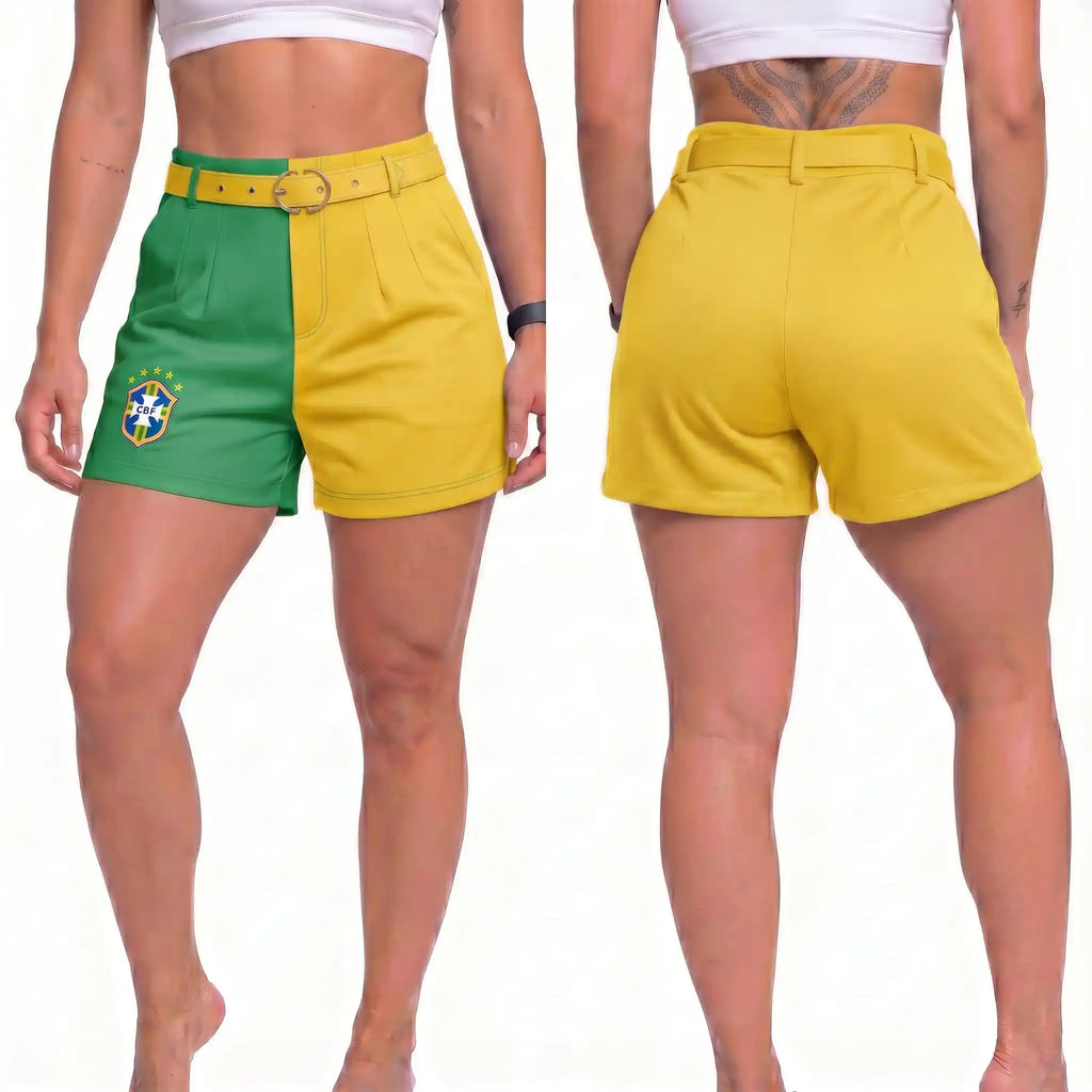 Modelo vestindo short social feminino brasil brasão fivela dourada amarela alfaiataria — look elegante Copa 2026 VAI DAR BRASIL