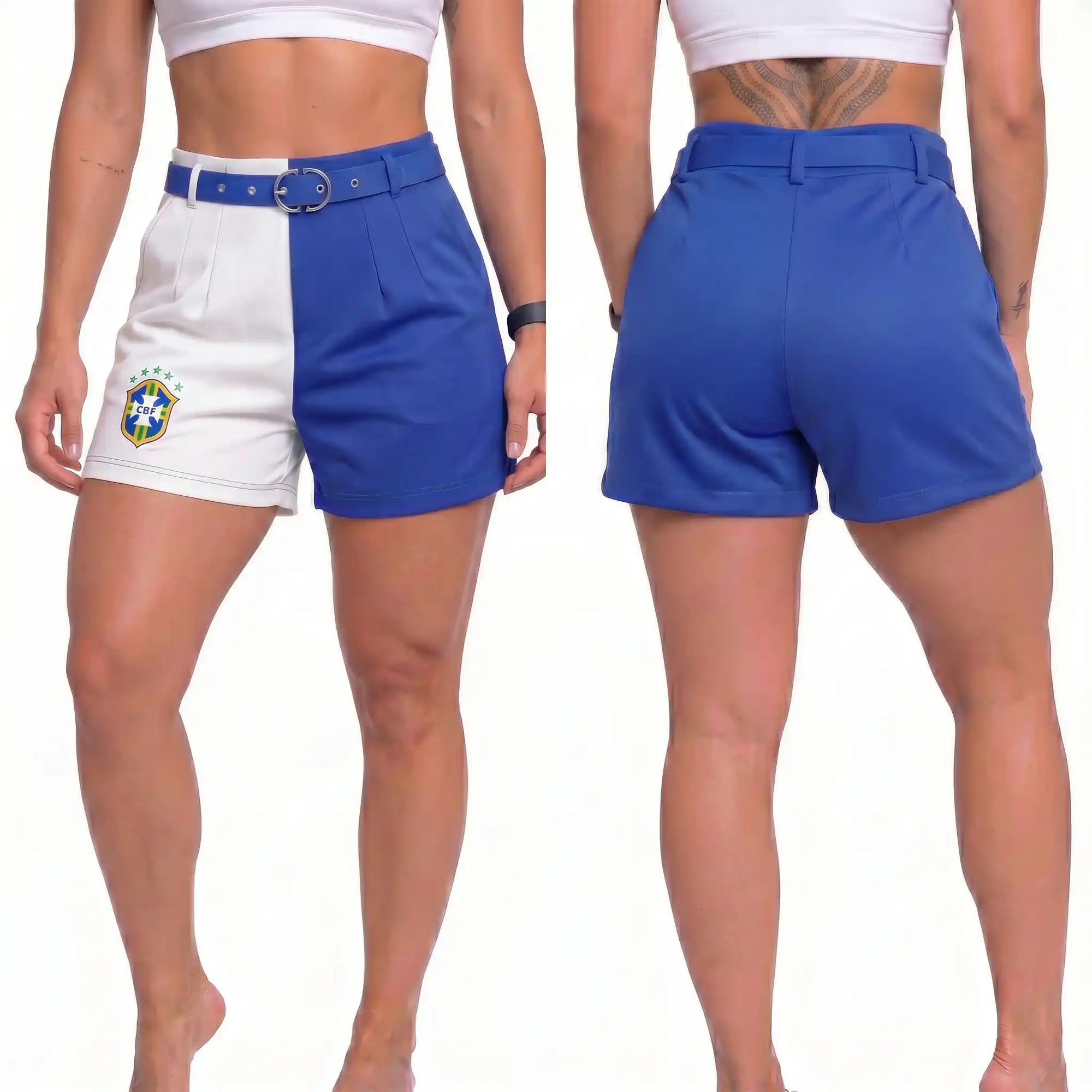 Modelo vestindo short social feminino brasil brasão fivela dourada azul alfaiataria — look elegante Copa 2026 VAI DAR BRASIL