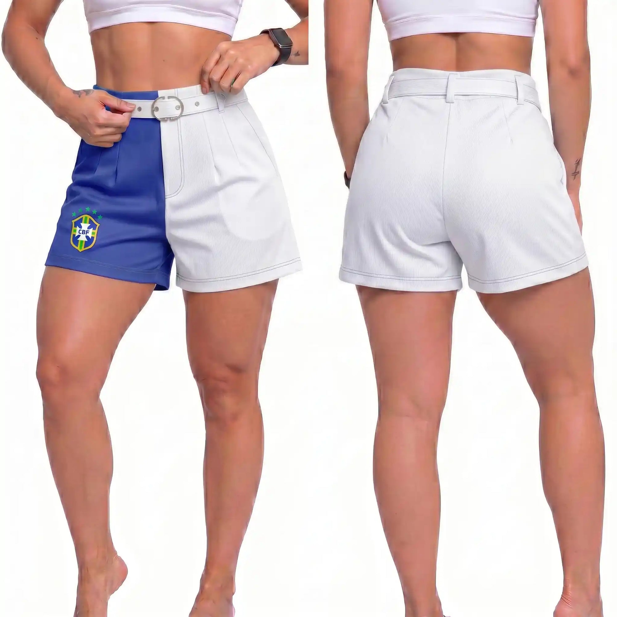 Modelo vestindo short social feminino brasil brasão fivela dourada branco alfaiataria — look elegante Copa 2026 VAI DAR BRASIL