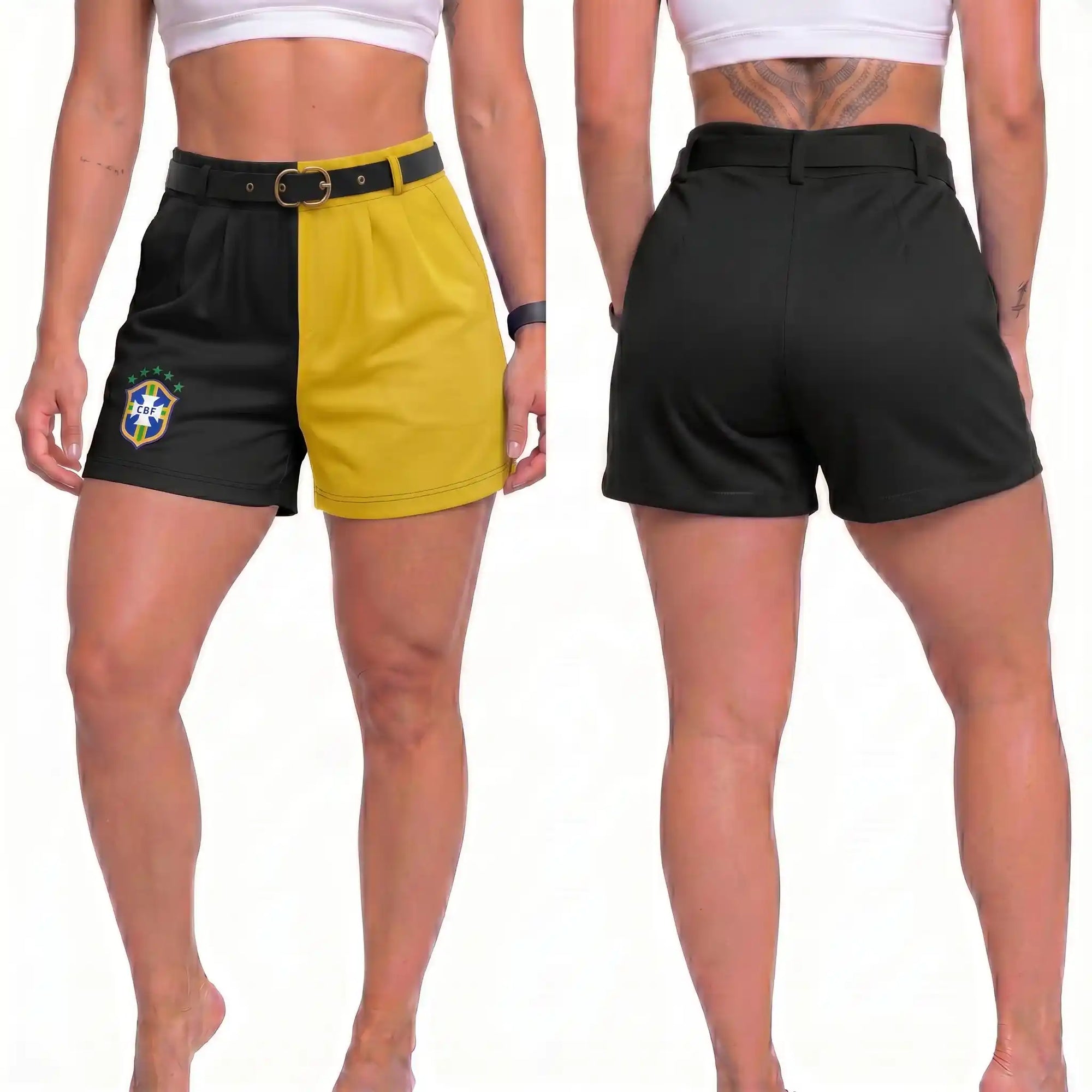 Modelo vestindo short social feminino brasil brasão fivela dourada preto alfaiataria — look elegante Copa 2026 VAI DAR BRASIL