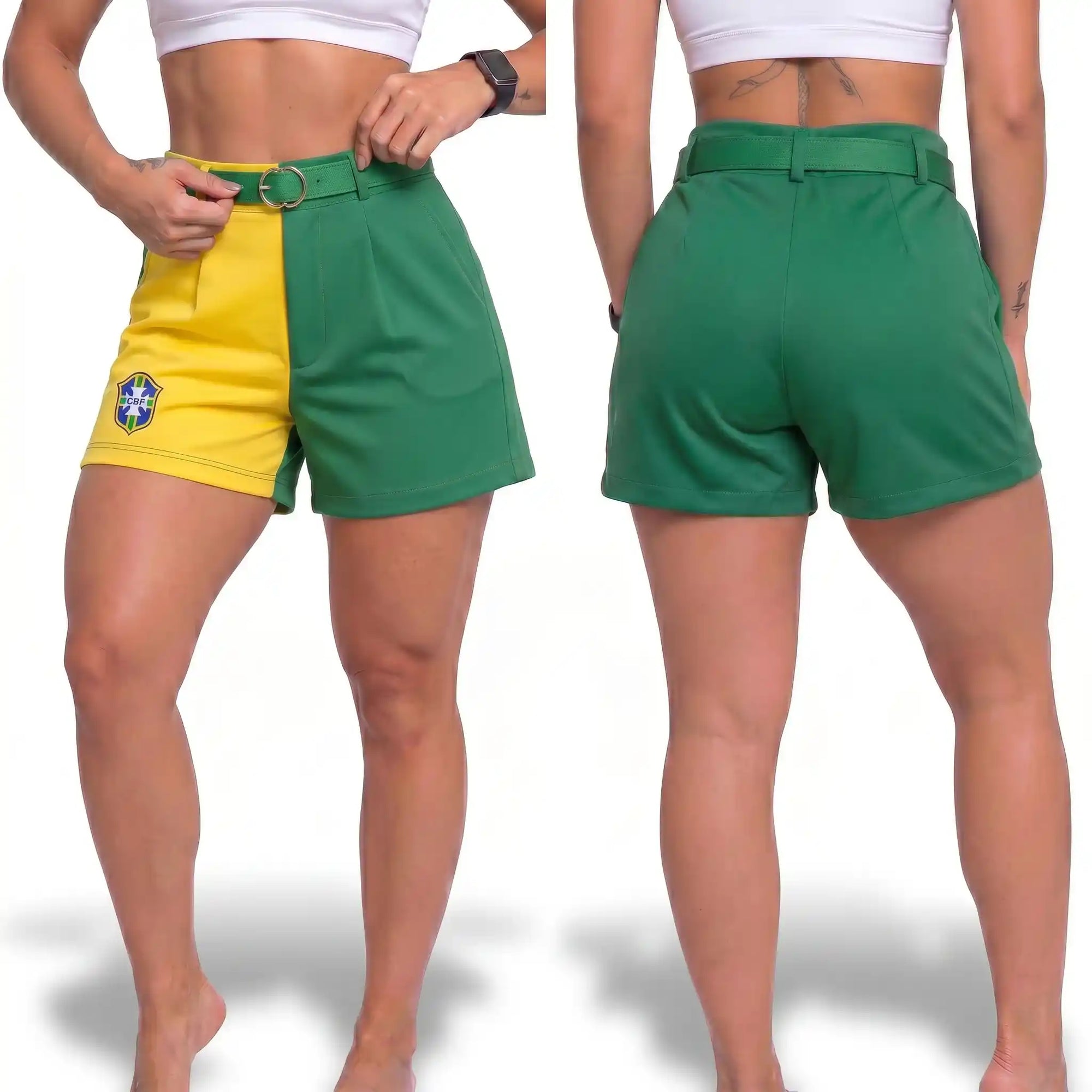 Modelo vestindo short social feminino brasil brasão fivela dourada verde alfaiataria — look elegante Copa 2026 VAI DAR BRASIL