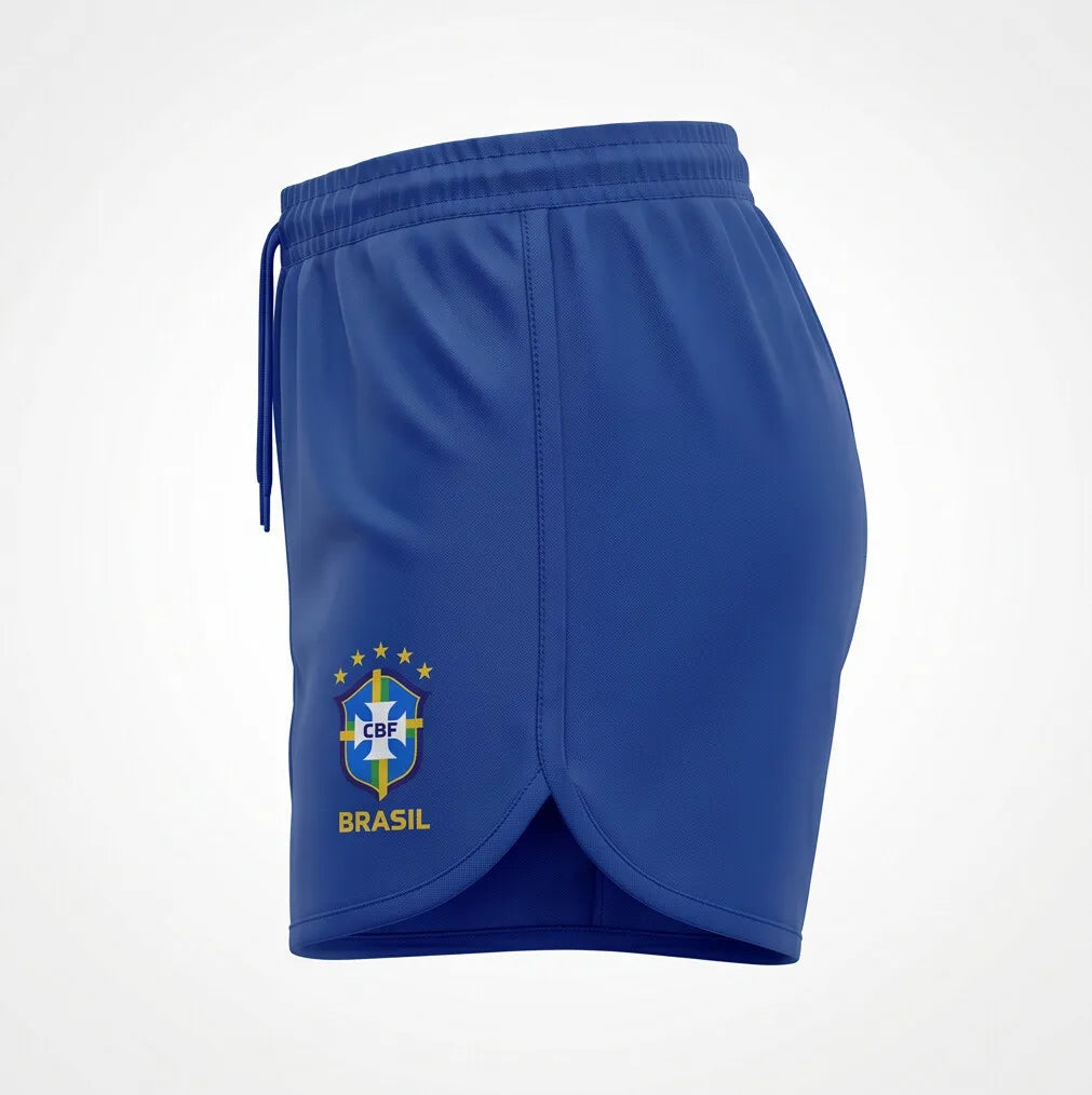 Vista lateral short tactel feminino brasil brasão azul — fit regular Copa 2026 VAI DAR BRASIL