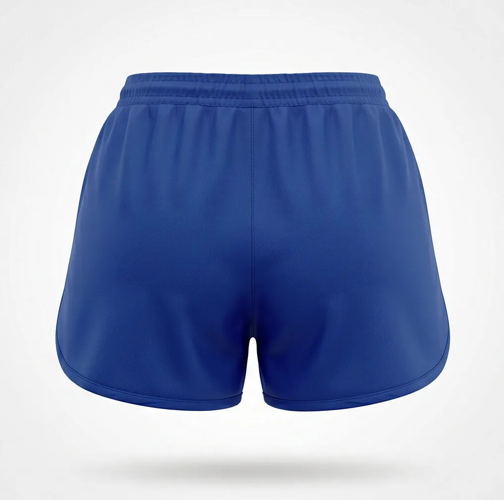 Vista traseira short tactel feminino brasil brasão branco preto azul — fit regular Copa 2026 VAI DAR BRASIL