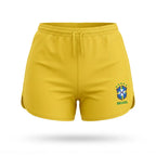 Short tactel feminino brasil brasão seleção amarelo — vista frontal — VAI DAR BRASIL Copa 2026 leve