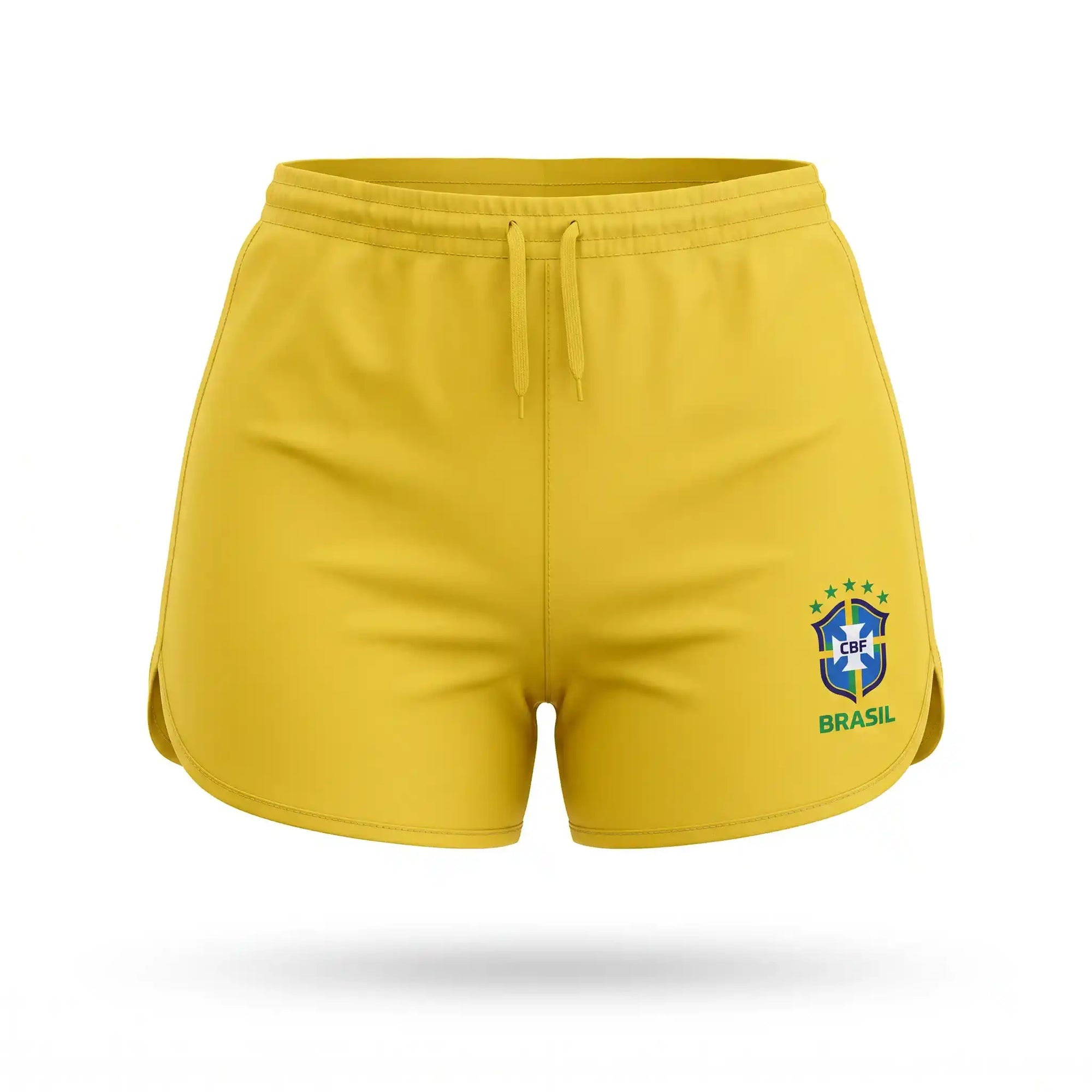 Short tactel feminino brasil brasão seleção amarelo — vista frontal — VAI DAR BRASIL Copa 2026 leve