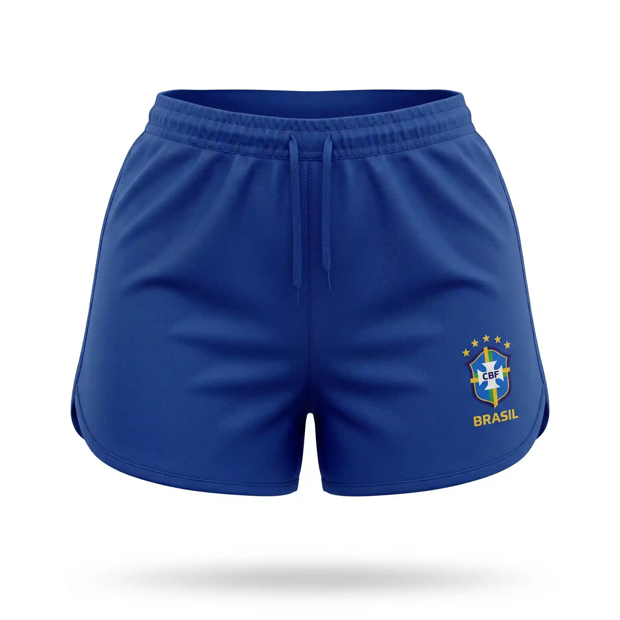 Short tactel feminino brasil brasão seleção  azul — vista frontal — VAI DAR BRASIL Copa 2026 leve