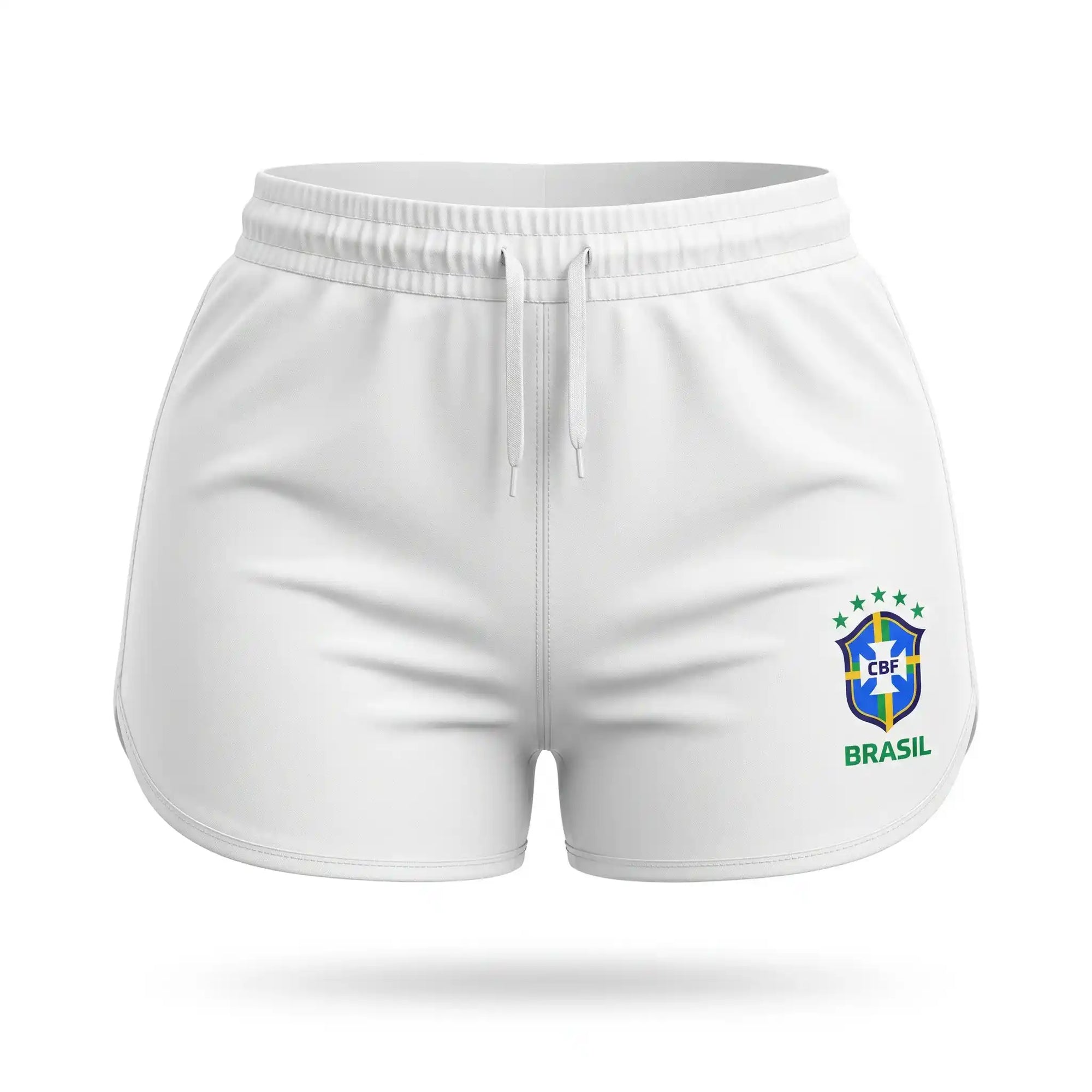 Short tactel feminino brasil brasão seleção branco — vista frontal — VAI DAR BRASIL Copa 2026 leve