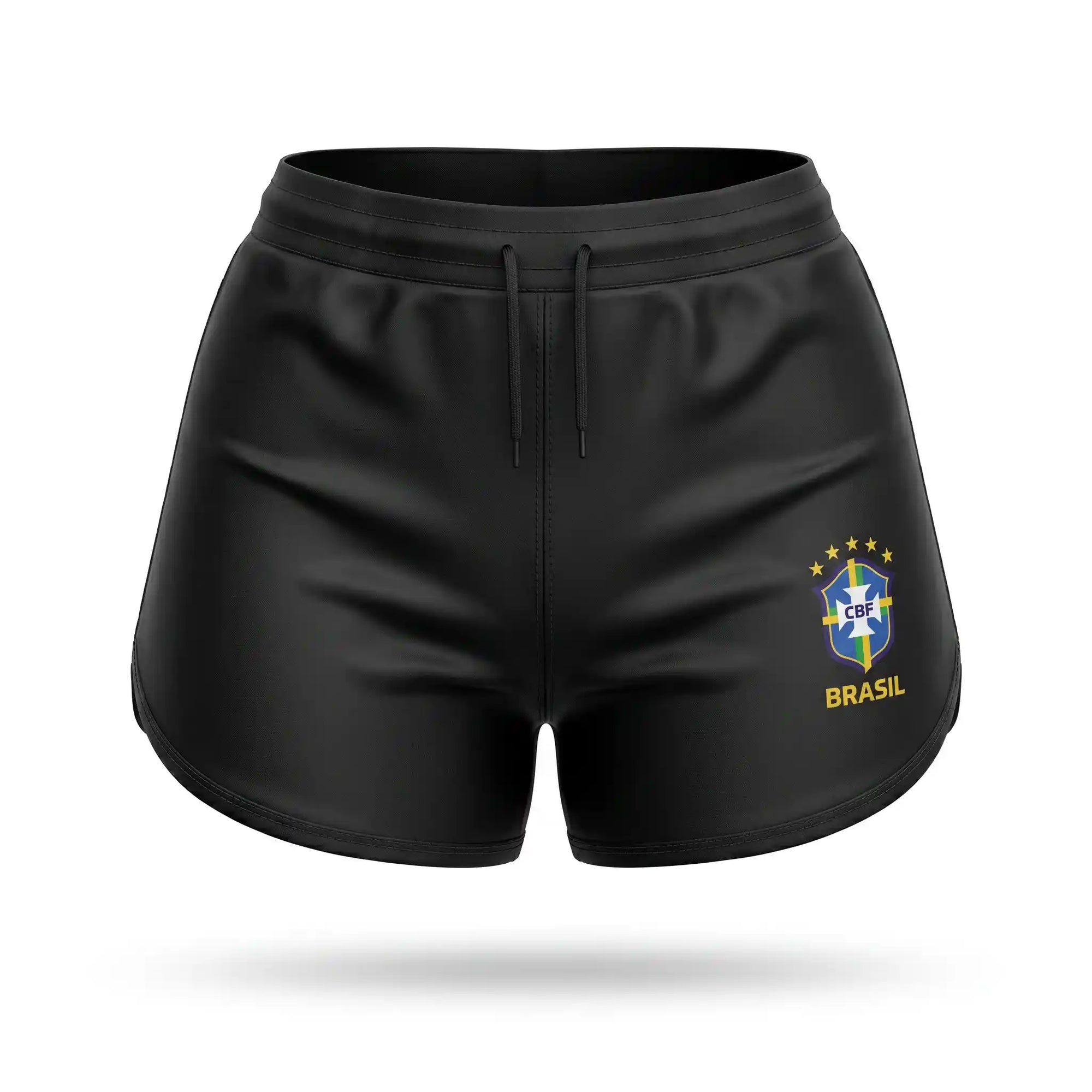 Short tactel feminino brasil brasão seleção preto — vista frontal — VAI DAR BRASIL Copa 2026 leve