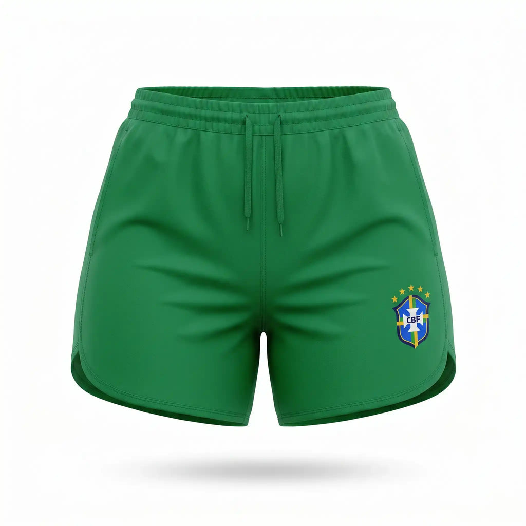 Short tactel feminino brasil brasão seleção verde — vista frontal — VAI DAR BRASIL Copa 2026 leve