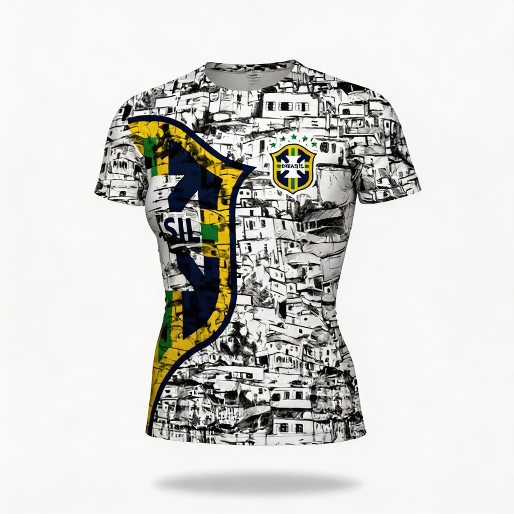 T-shirt brasil premium slim polielastano com estampa CBF e favela feminino — VAI DAR BRASIL Copa 2026