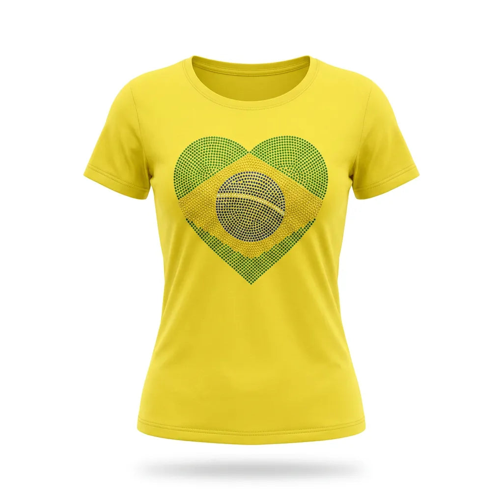 T-shirt feminina brasil coração bandeira strass brilhante amarelo — vista frontal — VAI DAR BRASIL Copa 2026