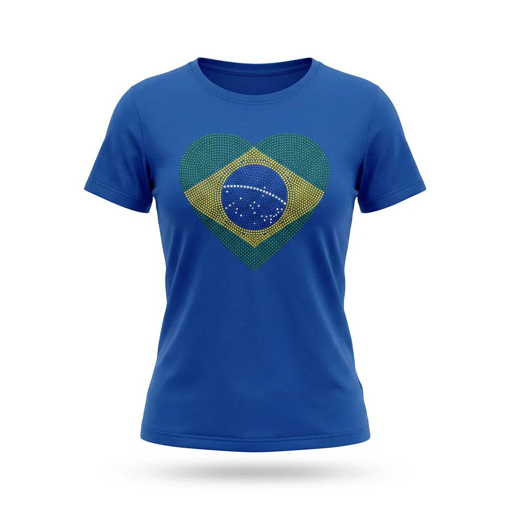 T-shirt feminina brasil coração bandeira strass brilhante azul — vista frontal — VAI DAR BRASIL Copa 2026