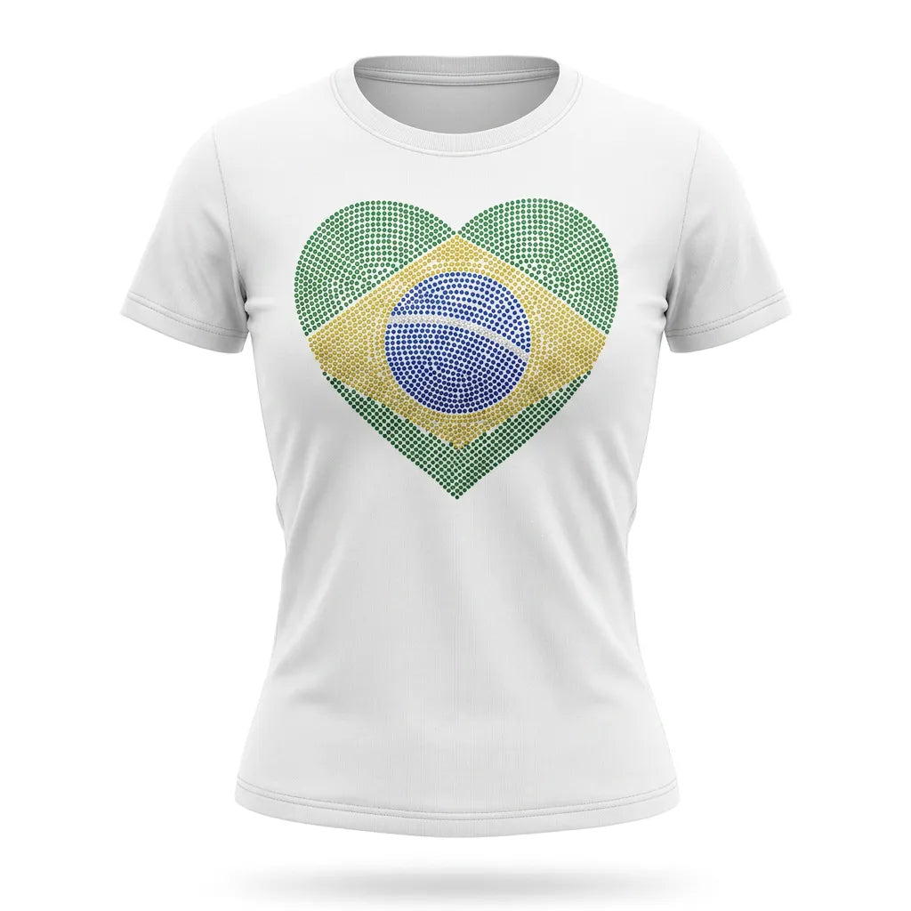 T-shirt feminina brasil coração bandeira strass brilhante branca — vista frontal — VAI DAR BRASIL Copa 2026