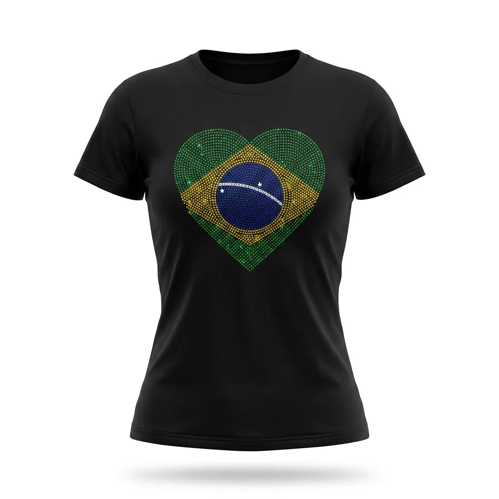 T-shirt feminina brasil coração bandeira strass brilhante preta — vista frontal — VAI DAR BRASIL Copa 2026