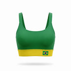 Top fitness feminino cropped reforçado estampa bandeira do brasil verde amarelo — vista frontal — VAI DAR BRASIL Copa 2026