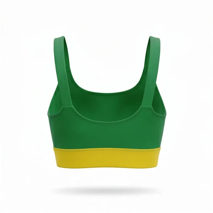 Vista traseira do top fitness feminino brasil cropped reforçado poliéster — detalhe alças e suporte bandeira copa 2026