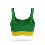 Vista traseira do top fitness feminino brasil cropped reforçado poliéster — detalhe alças e suporte bandeira copa 2026