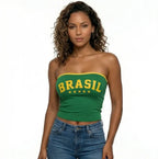 Mulher vestindo top tomara que caia brasil canelado verde VAI DAR BRASIL — look torcedora Copa 2026