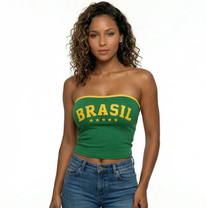 Mulher vestindo top tomara que caia brasil canelado verde VAI DAR BRASIL — look torcedora Copa 2026