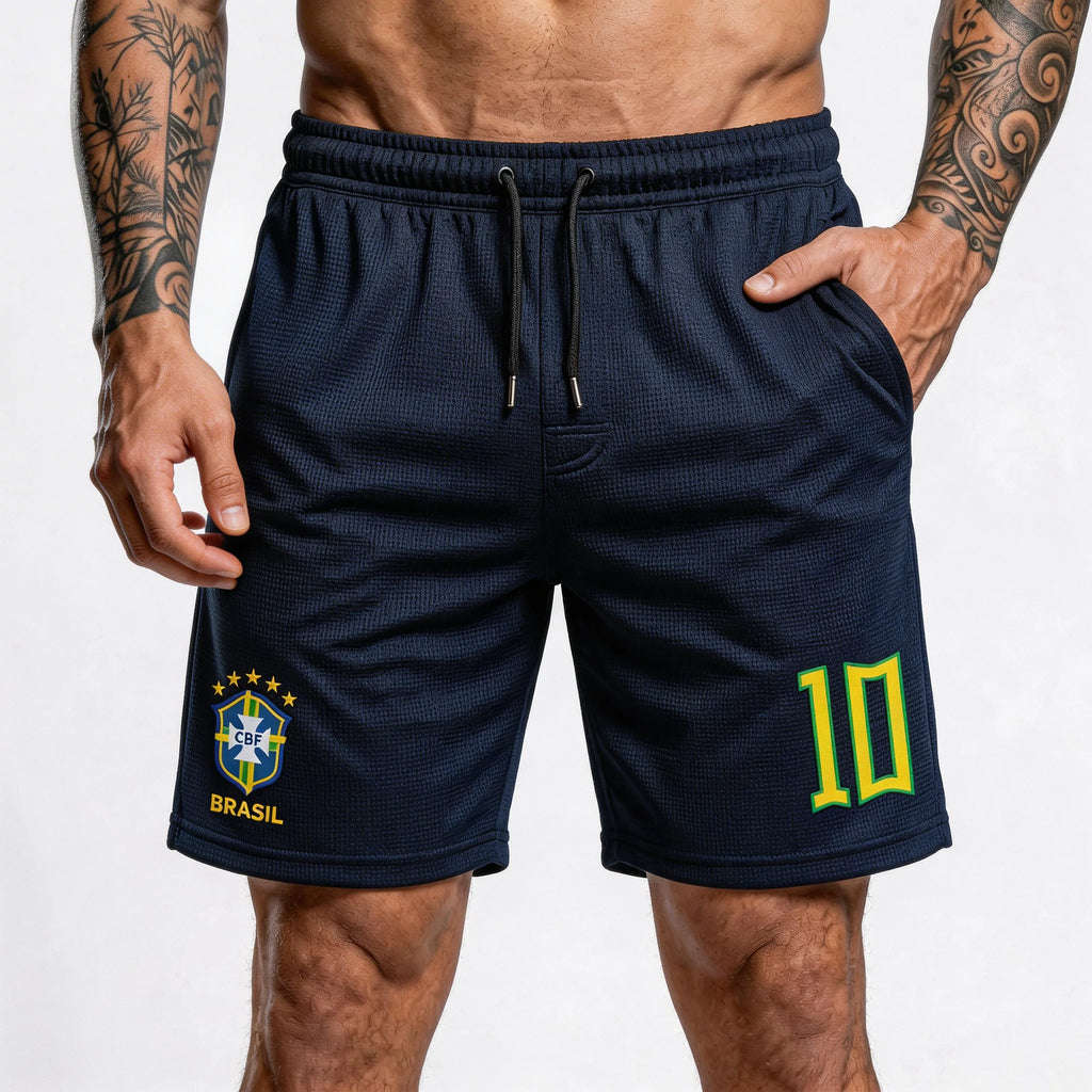 Homem vestindo bermuda tactel streetwear seleção brasileira azul marinho número 10 VAI DAR BRASIL — Copa 2026