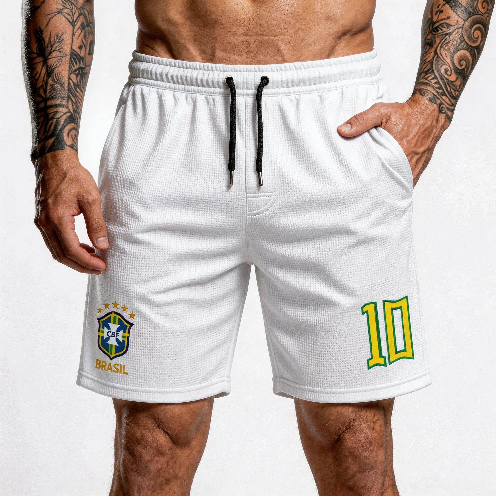 Homem vestindo bermuda tactel streetwear seleção brasileira branco número 10 VAI DAR BRASIL — Copa 2026