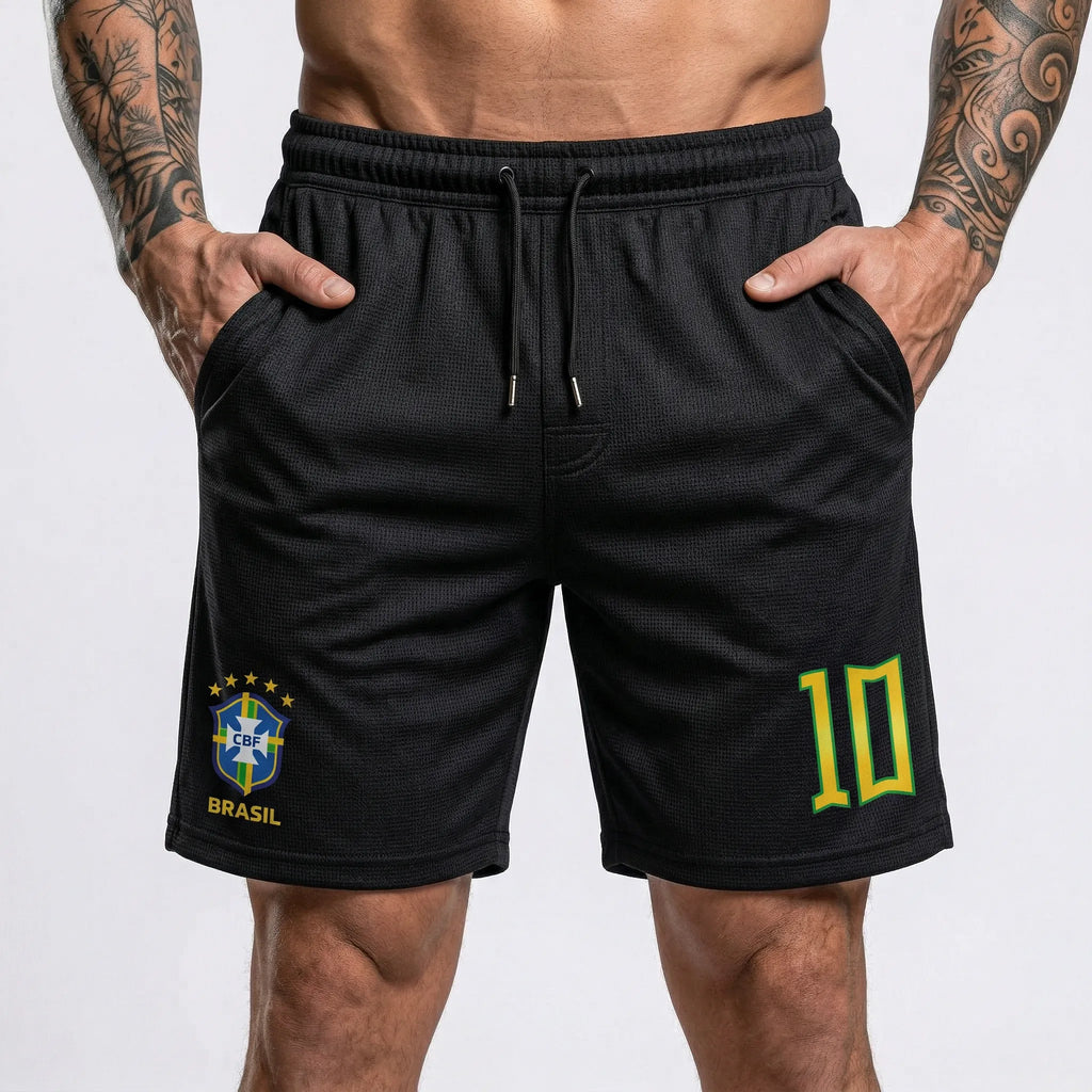 Homem vestindo bermuda tactel streetwear seleção brasileira preto número 10 VAI DAR BRASIL — Copa 2026