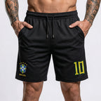 Homem vestindo bermuda tactel streetwear seleção brasileira preto número 10 VAI DAR BRASIL — Copa 2026