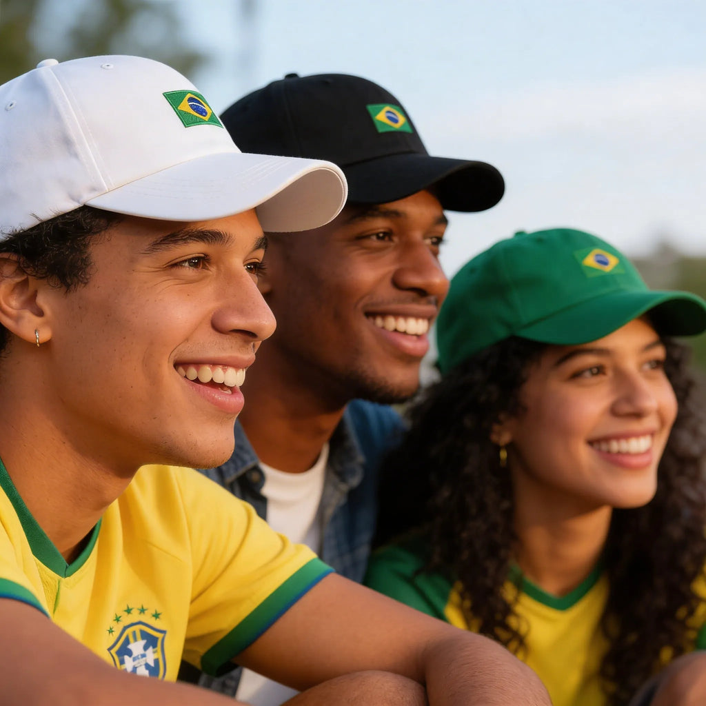 Torcedor usando boné brasil bordado verde VAI DAR BRASIL — look patriótico unissex Copa do Mundo 2026