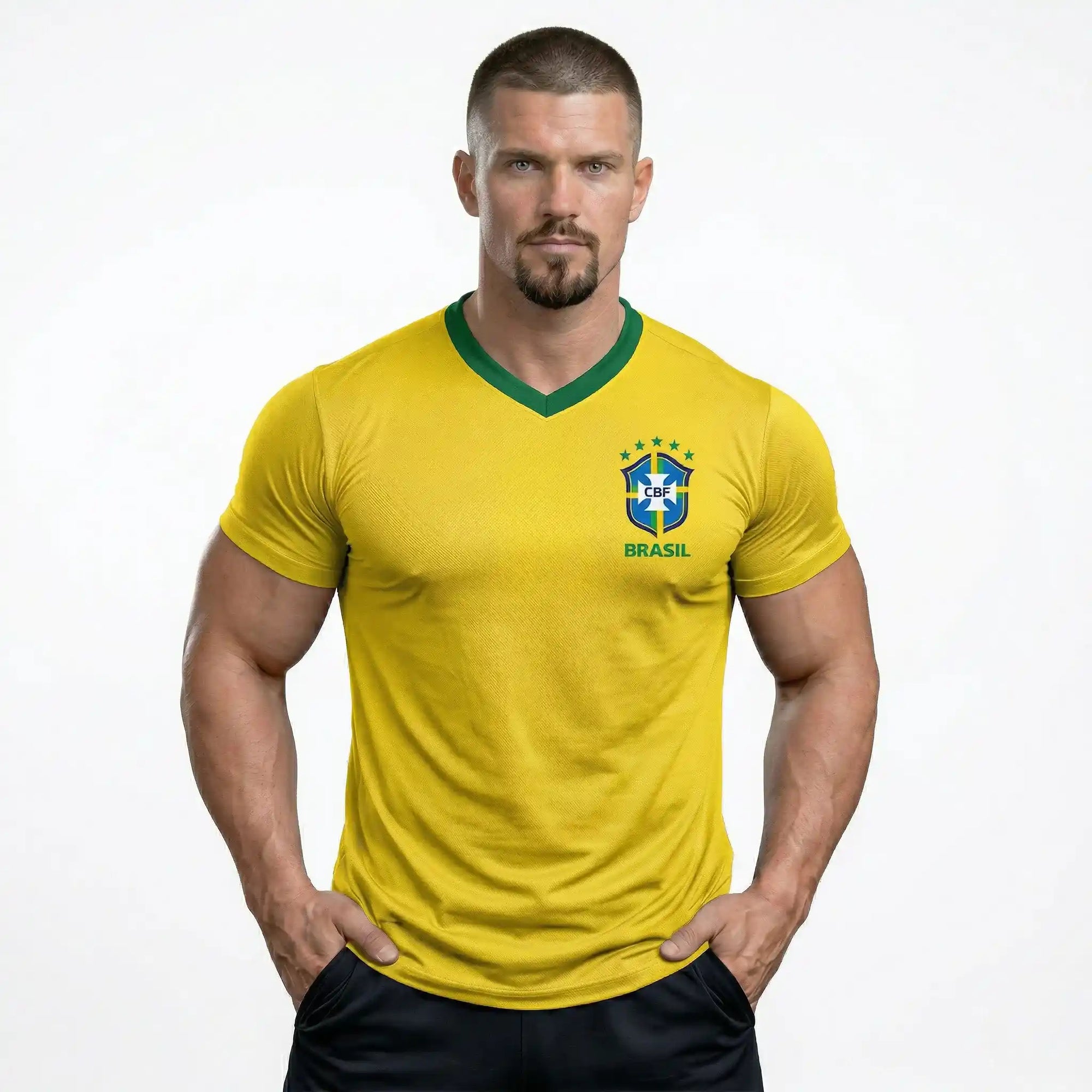 Camisa brasil bordada dry fit masculina amarela logo oficial regular — VAI DAR BRASIL Copa 2026