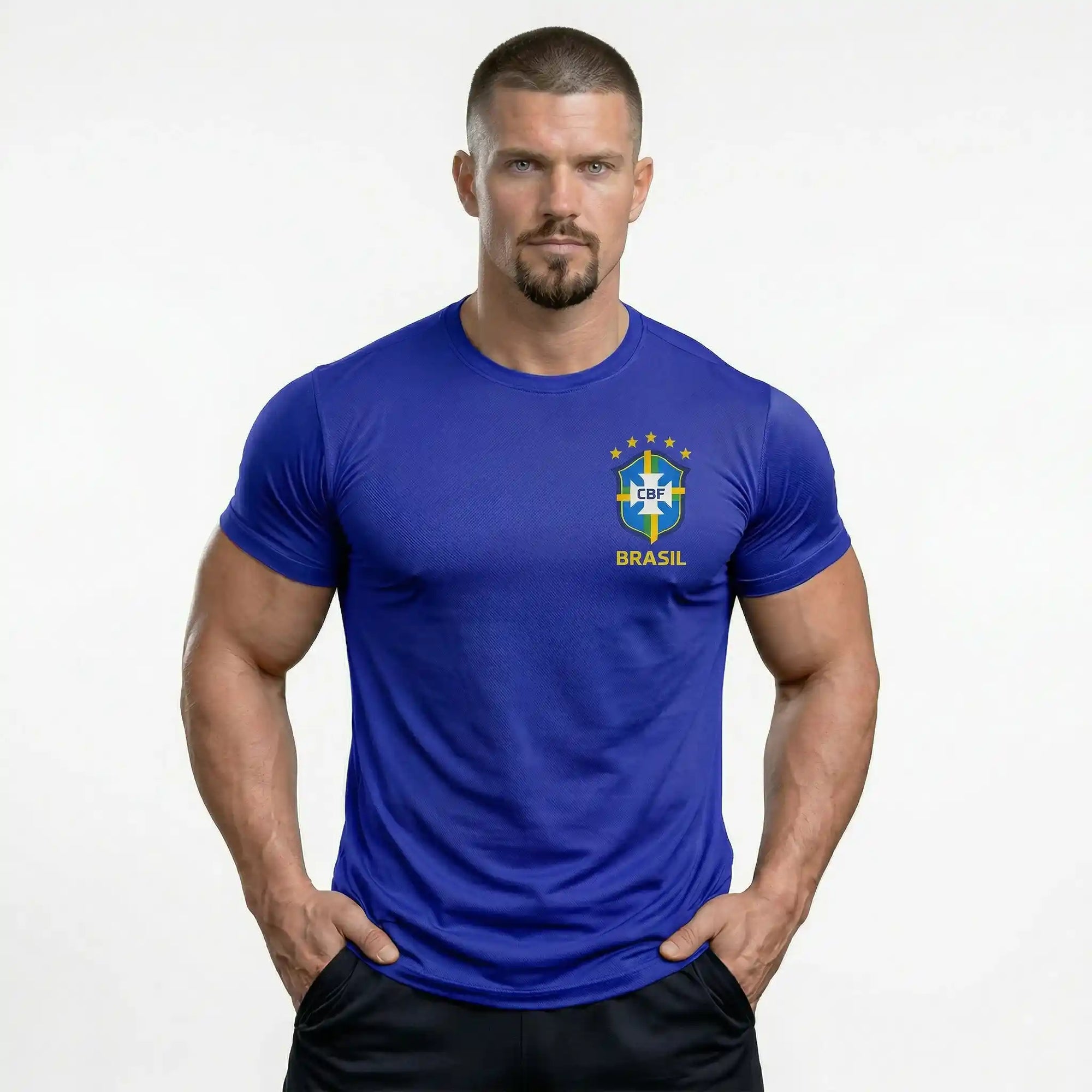 Camisa brasil bordada dry fit masculina azul logo oficial regular — VAI DAR BRASIL Copa 2026