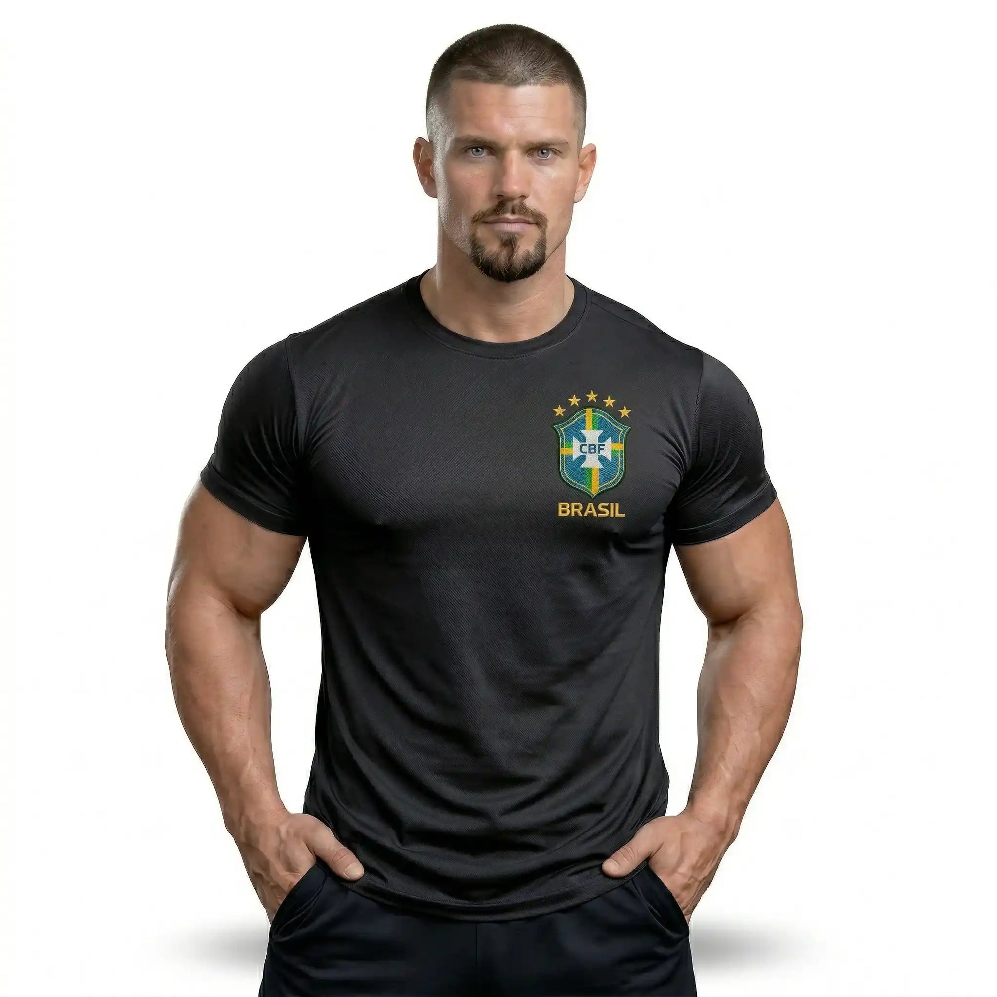 Camisa brasil bordada dry fit masculina preto logo oficial regular — VAI DAR BRASIL Copa 2026