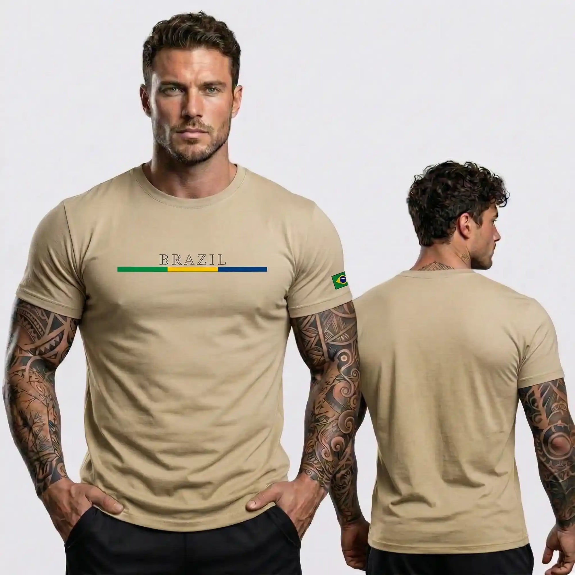 Homem vestindo camisa masculina brazil casual streetwear algodão bege VAI DAR BRASIL — Copa 2026