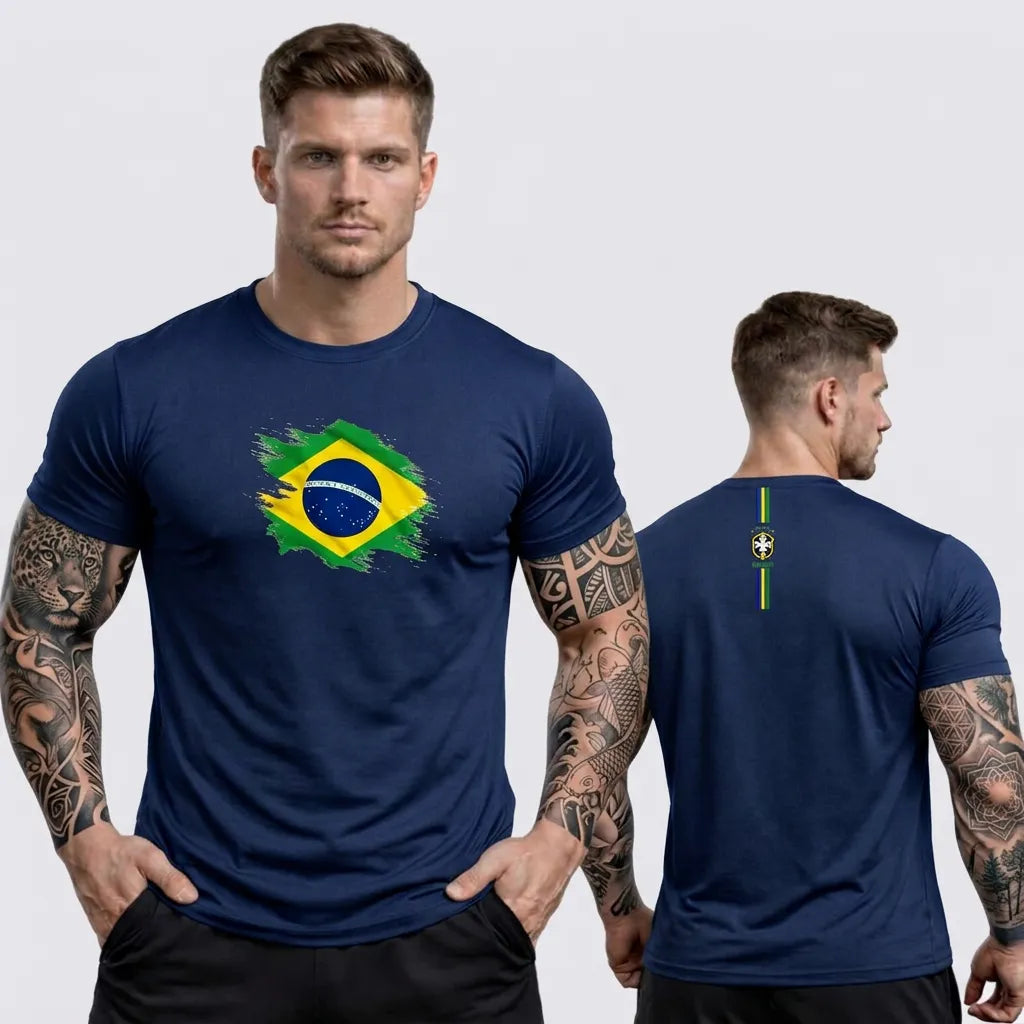 Homem vestindo camisa dry fit brasil slim bandeira azul marinho masculino VAI DAR BRASIL — treino Copa 2026