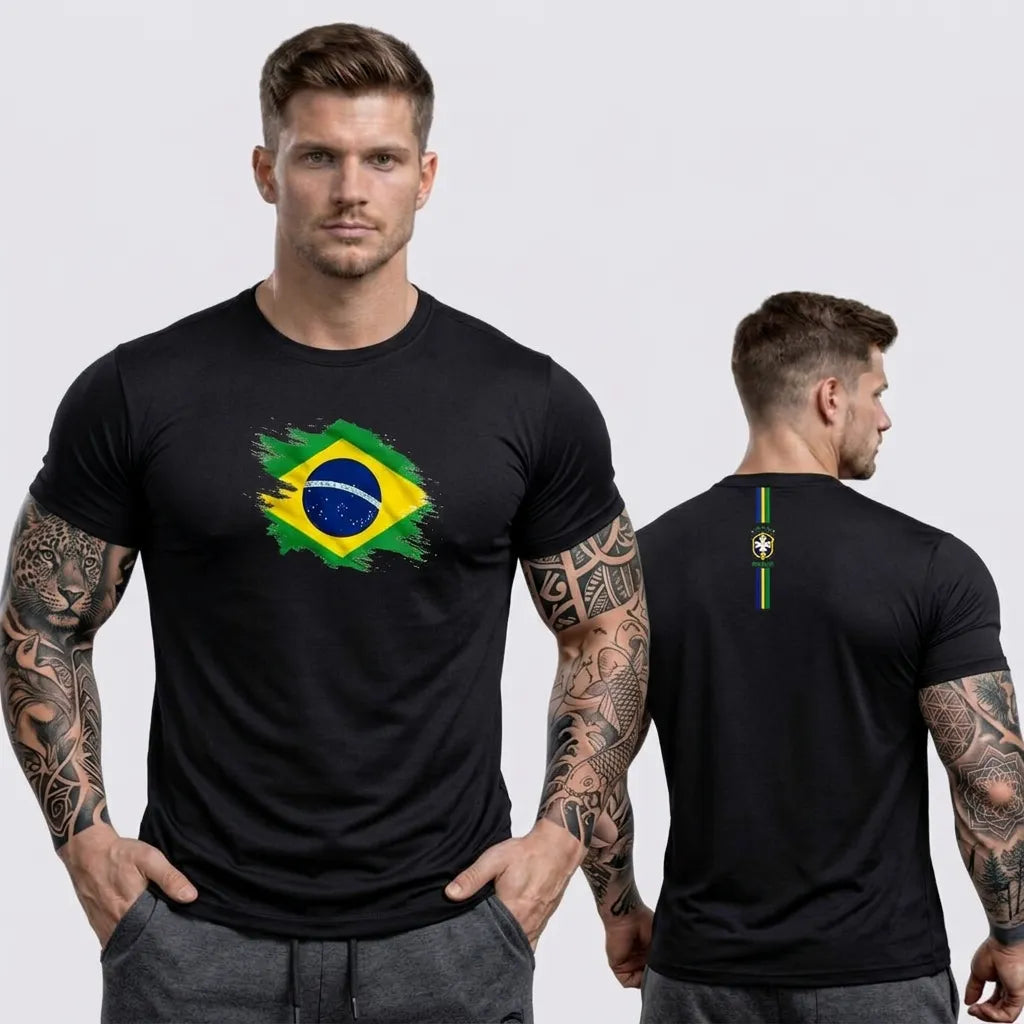 Homem vestindo camisa dry fit brasil slim bandeira preto masculino VAI DAR BRASIL — treino Copa 2026