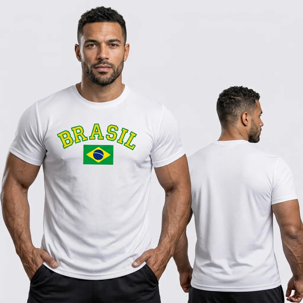 Homem vestindo camiseta dry fit brasil torcida regular branco bandeira VAI DAR BRASIL — torcedor Copa 2026